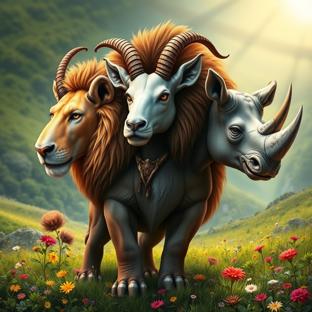 A 3-headed chimera combining elements of a lion, a goat, and a rhino, artistically represented with incredible detail and vivid colors