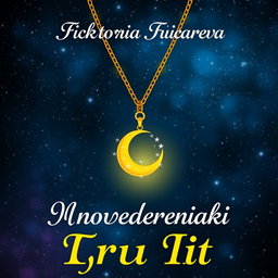 A book cover design featuring a stunning night sky full of twinkling stars, with a central focus on a beautiful golden chain adorned with a pendant shaped like a yellow moon surrounded by silver stars