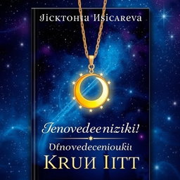 A book cover design featuring a stunning night sky full of twinkling stars, with a central focus on a beautiful golden chain adorned with a pendant shaped like a yellow moon surrounded by silver stars