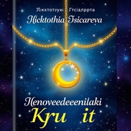 A book cover design featuring a stunning night sky full of twinkling stars, with a central focus on a beautiful golden chain adorned with a pendant shaped like a yellow moon surrounded by silver stars