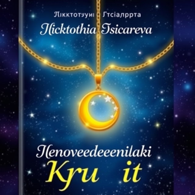 A book cover design featuring a stunning night sky full of twinkling stars, with a central focus on a beautiful golden chain adorned with a pendant shaped like a yellow moon surrounded by silver stars