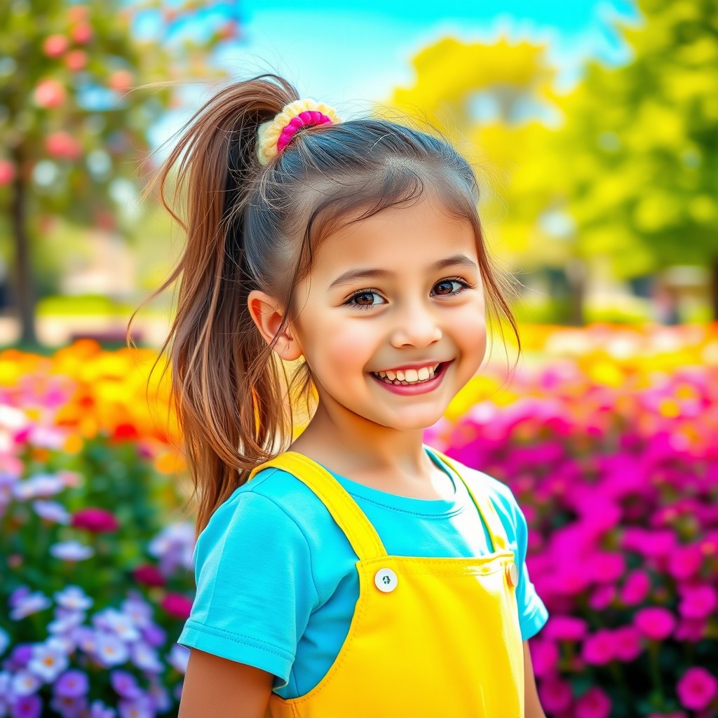 A cute girl with long hair tied up in a playful ponytail, wearing a bright, cheerful outfit that reflects her lively personality