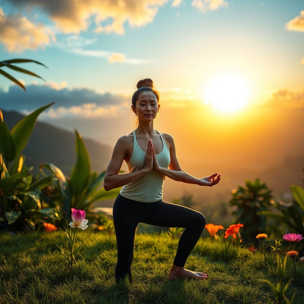 A serene scene of a woman practicing yoga in a lush green garden on top of a mountain in Bali