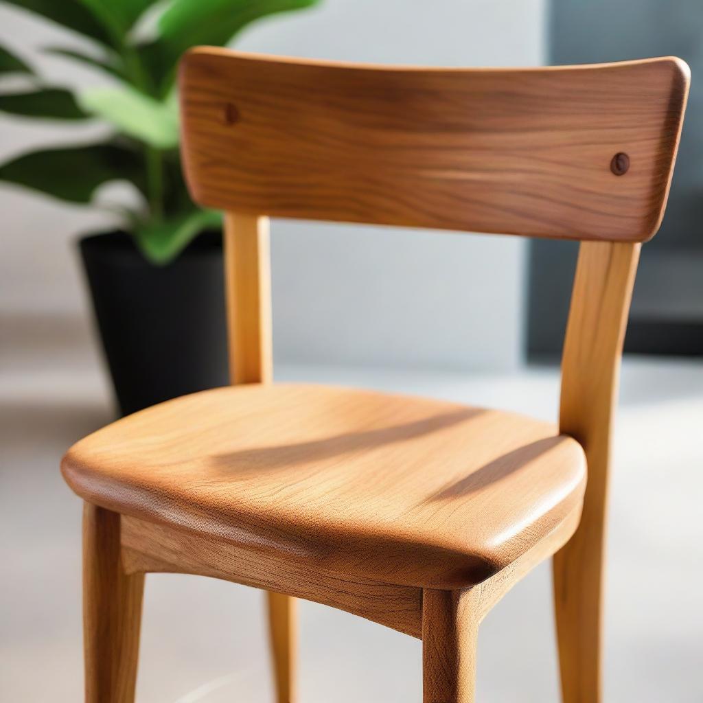 Up-close view of a teak wood dining chair with a natural color finish, designed to resemble fire, placed in the ambiance of a cozy cafe.