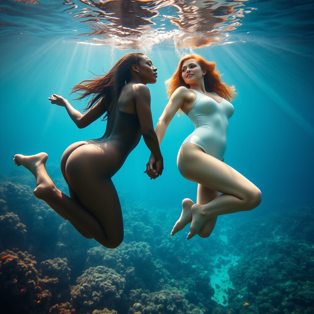 An anatomically accurate, full-length color photograph of two stunning women, one black and one white, representing the duality of the world and embodying love