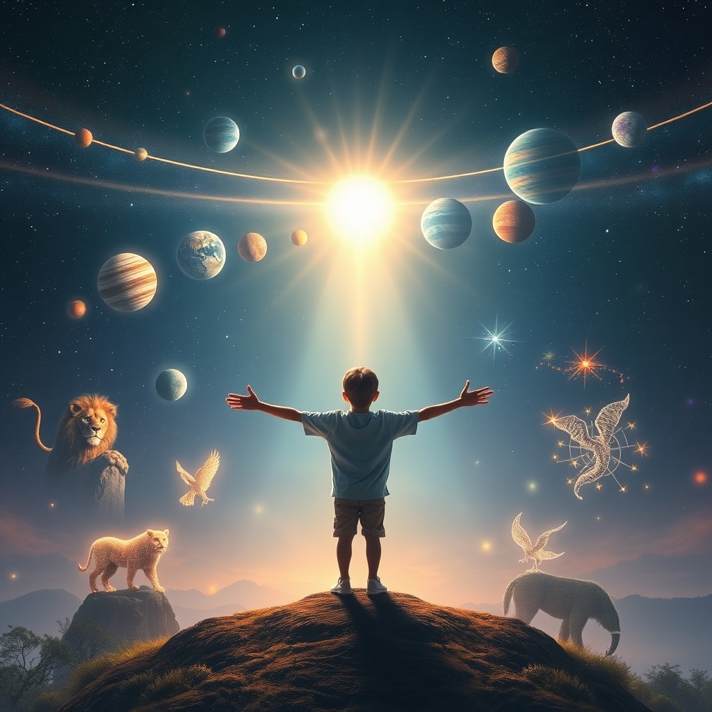 A magical cosmic scene set on the night of August 10th, featuring a rare celestial alignment of all 8 planets stretching across the deep night sky