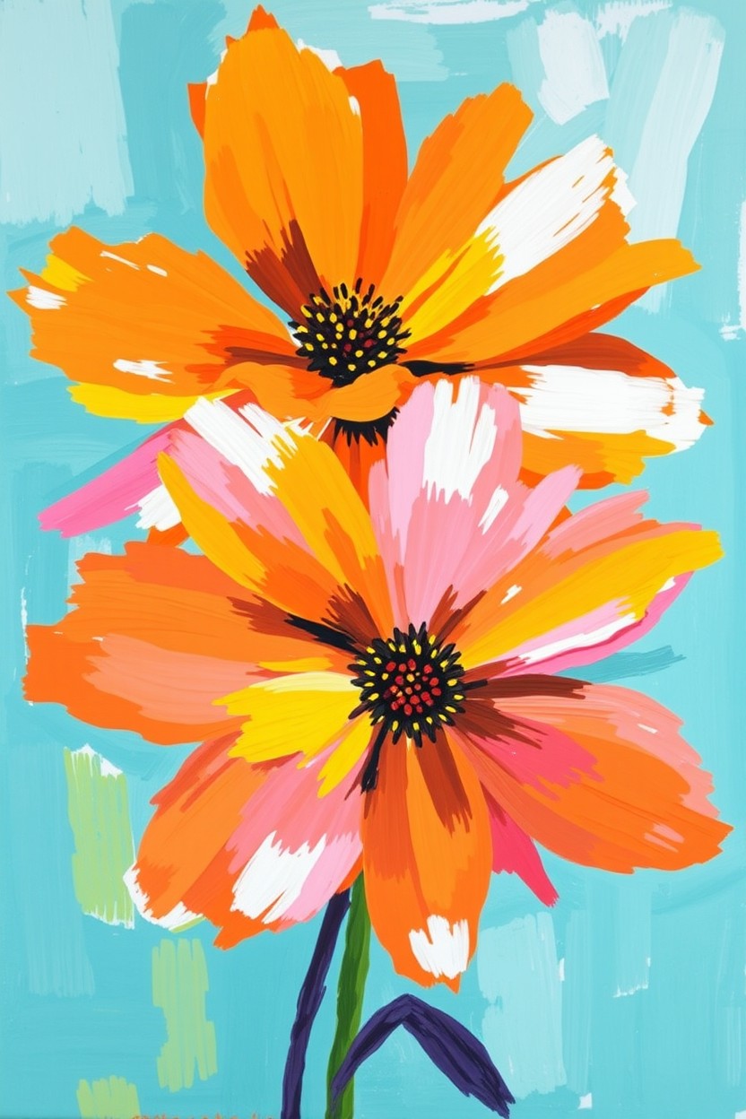 A vibrant abstract painting featuring two large flowers