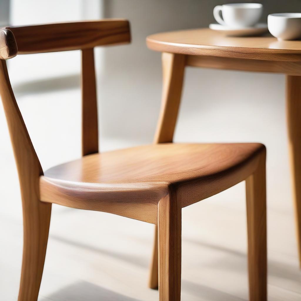 Up-close view of a teak wood dining chair with a natural color finish, designed to resemble fire, placed in the ambiance of a cozy cafe.