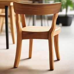 Up-close view of a teak wood dining chair with a natural color finish, designed to resemble fire, placed in the ambiance of a cozy cafe.