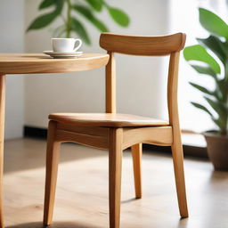 Up-close view of a teak wood dining chair with a natural color finish, designed to resemble fire, placed in the ambiance of a cozy cafe.