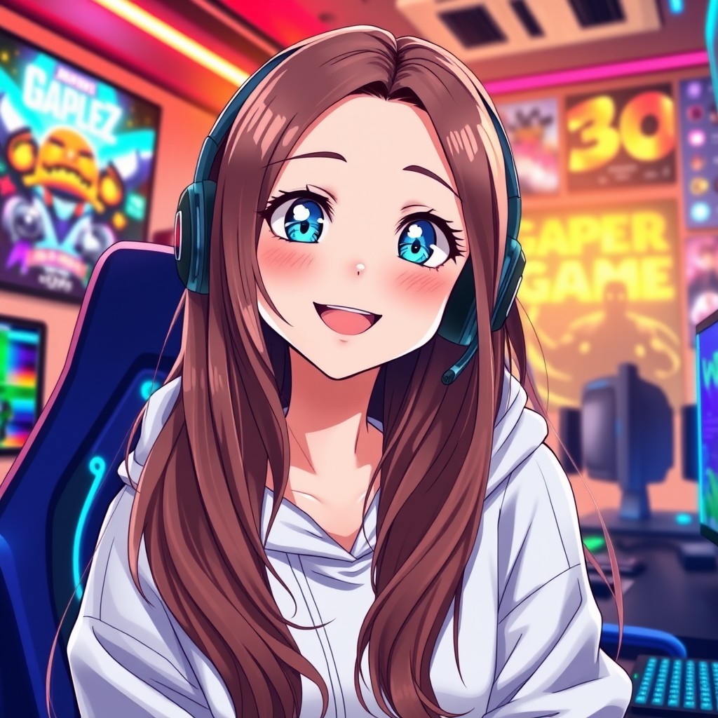 A cheerful 25-year-old female gamer, illustrated in a vivid anime art style