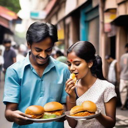 A young lady and a man savouring the flavours of vadapav, a famous Indian snack, on a lively city sidewalk