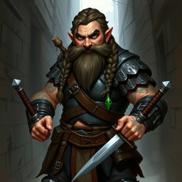 A Dungeons and Dragons character art featuring a dwarven rogue from the clan Poison Eyes