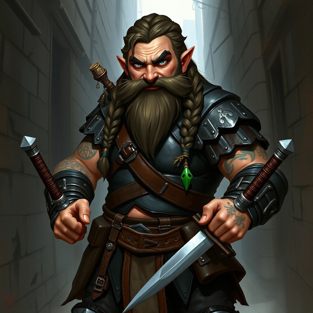 A Dungeons and Dragons character art featuring a dwarven rogue from the clan Poison Eyes