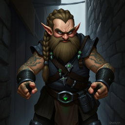 A Dungeons and Dragons character art featuring a dwarven rogue from the clan Poison Eyes