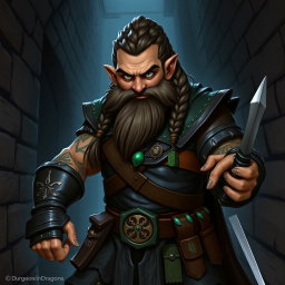 A Dungeons and Dragons character art featuring a dwarven rogue from the clan Poison Eyes