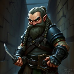 A Dungeons and Dragons character art featuring a dwarven rogue from the clan Poison Eyes