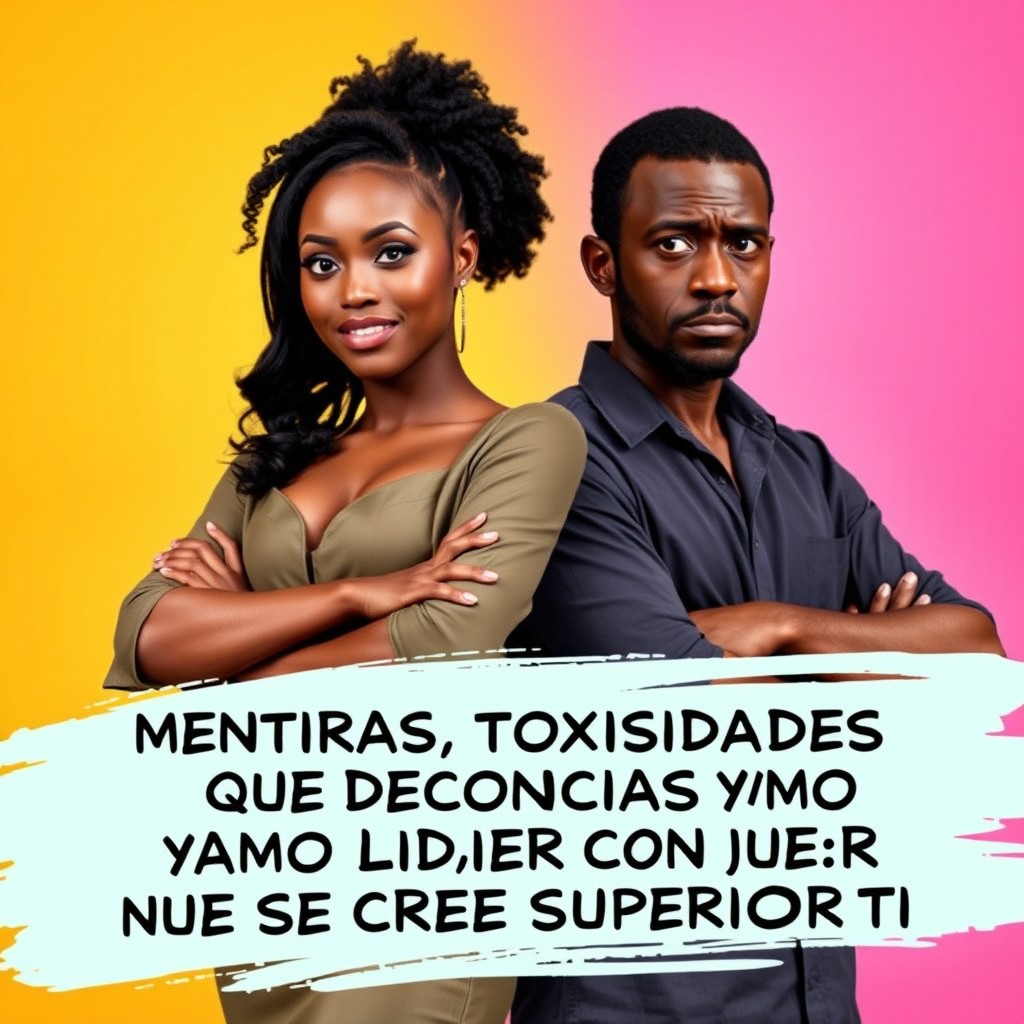 A digital thumbnail featuring a confident black woman with a sassy expression and a disenchanted black man with an unimpressed look, both prominently placed in the center