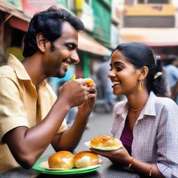 A young lady and a man savouring the flavours of vadapav, a famous Indian snack, on a lively city sidewalk