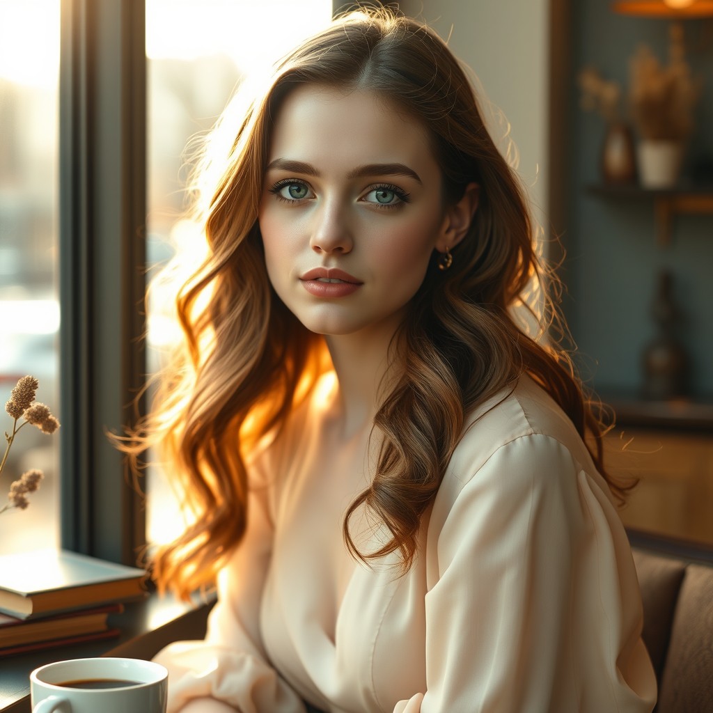 A stunning 19-year-old American woman named Charlotte Grace Montgomery, with wavy hazelnut-brown hair cascading to her shoulders, soft green eyes, and delicate facial features