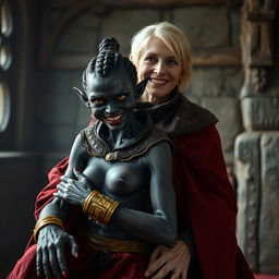 In a medieval room, a young, sinister-looking woman with a deep, dark black complexion is emaciated and short