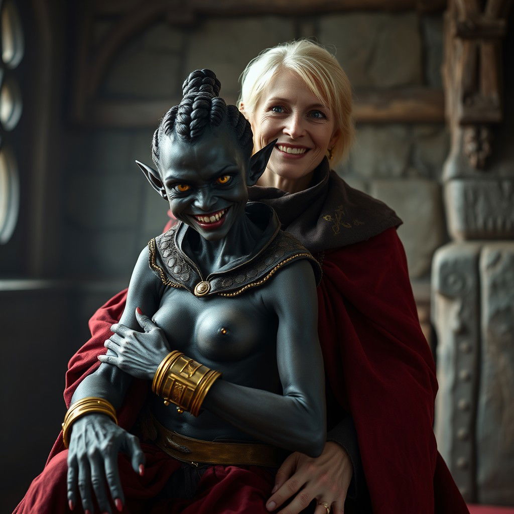 In a medieval room, a young, sinister-looking woman with a deep, dark black complexion is emaciated and short