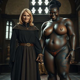 Inside a medieval room, a gaunt 45-year-old blonde woman stands short with medium-length blonde hair