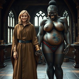 Inside a medieval room, a gaunt 45-year-old blonde woman stands short with medium-length blonde hair