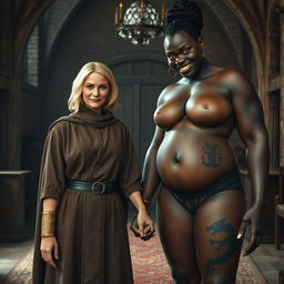 Inside a medieval room, a gaunt 45-year-old blonde woman stands short with medium-length blonde hair