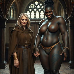 Inside a medieval room, a gaunt 45-year-old blonde woman stands short with medium-length blonde hair