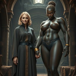 Inside a medieval chamber, a gaunt 45-year-old blonde woman stands at a diminutive height with medium-length blonde hair