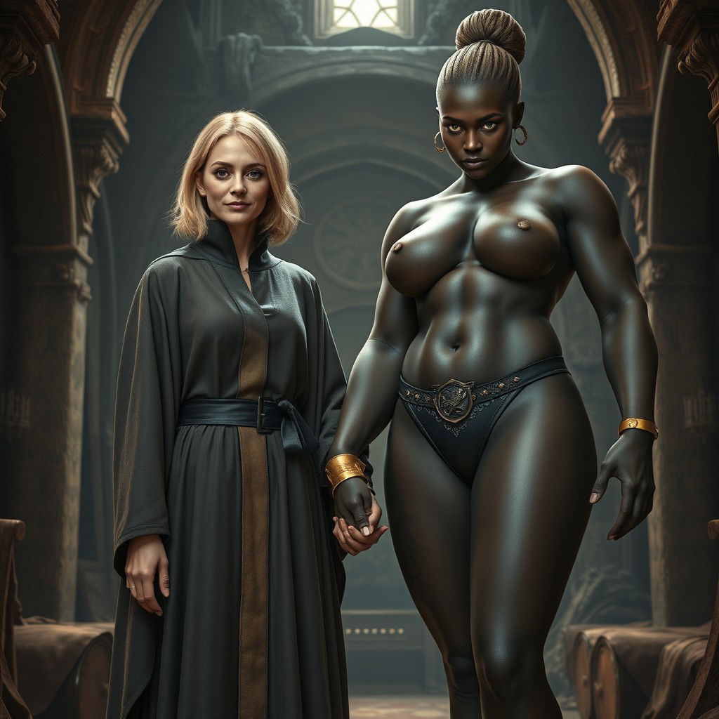 Inside a medieval chamber, a gaunt 45-year-old blonde woman stands at a diminutive height with medium-length blonde hair