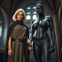 Inside a medieval chamber, a gaunt 45-year-old blonde woman stands at a diminutive height with medium-length blonde hair