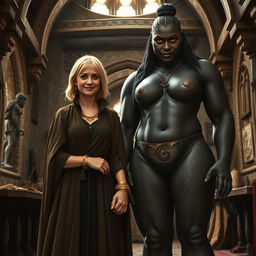 Inside a medieval chamber, a gaunt 45-year-old blonde woman stands at a diminutive height with medium-length blonde hair