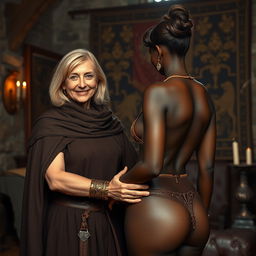 In a medieval room, a scene featuring a malnourished, short blond woman of 45 years with medium-length blond hair