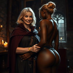 In a medieval room, a scene featuring a malnourished, short blond woman of 45 years with medium-length blond hair