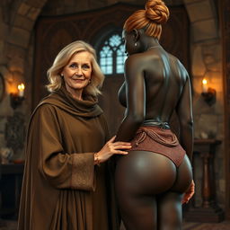 In a medieval room, a scene featuring a malnourished, short blond woman of 60 years with medium-length blond hair