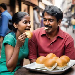 A young lady and a man savouring the flavours of vadapav, a famous Indian snack, on a lively city sidewalk