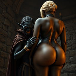 In a medieval room, a wicked evil black woman, emaciated and around 30 years old, with completely black skin and a very short stature