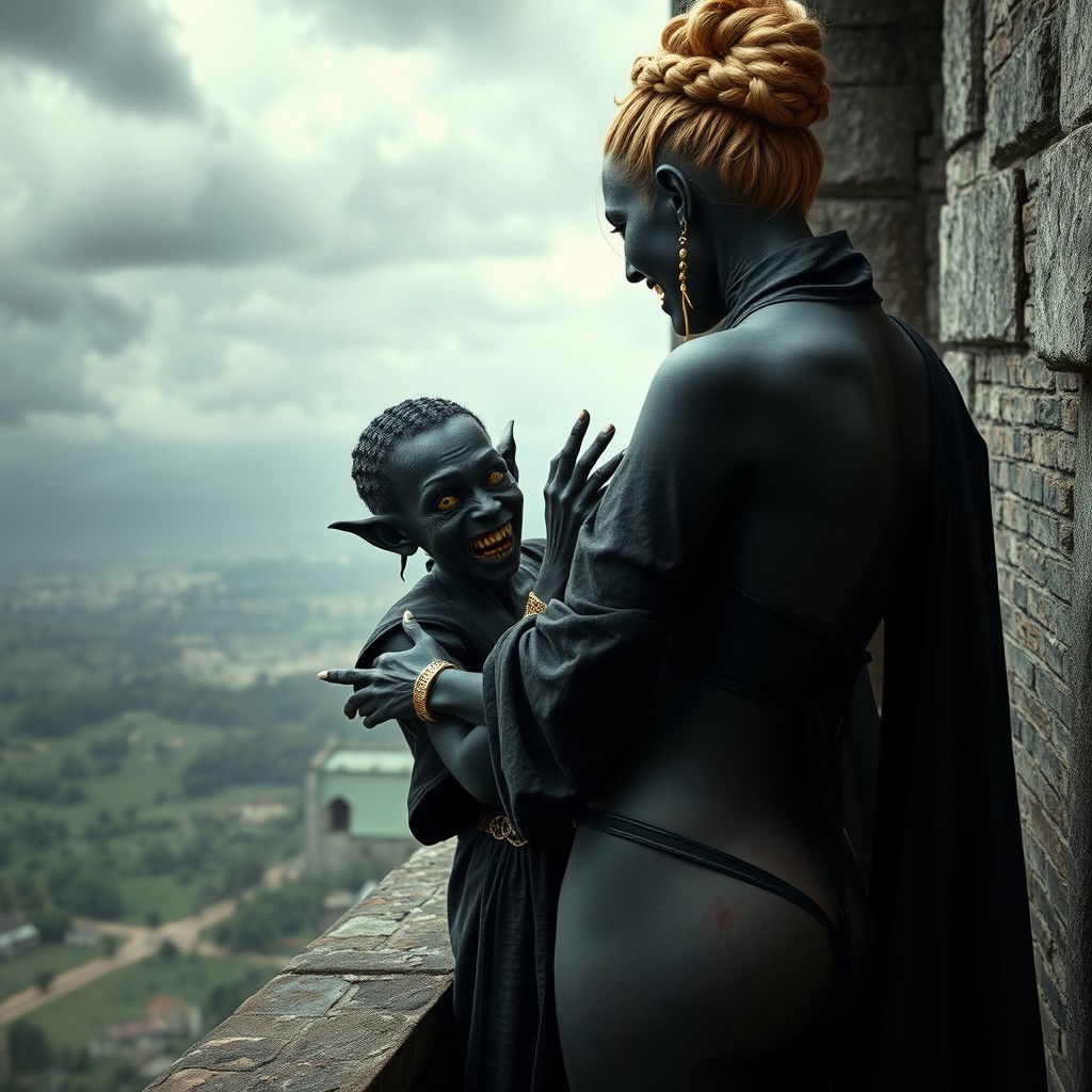On the balcony of a medieval castle, a wicked evil black woman, emaciated and around 30 years old, with completely black skin and a very short stature