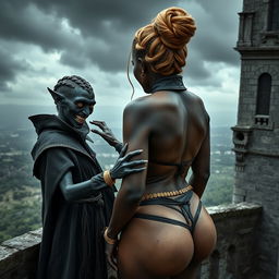 On the balcony of a medieval castle, a wicked evil black woman, emaciated and around 30 years old, with completely black skin and a very short stature