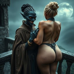 On the balcony of a medieval castle, a wicked evil black woman, emaciated and around 30 years old, with completely black skin and a very short stature