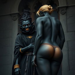 On the balcony of a medieval castle, a sinister-looking woman stands