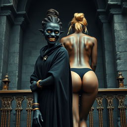 On the balcony of a medieval castle, a sinister-looking woman stands