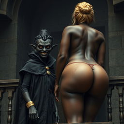 On the balcony of a medieval castle, a sinister-looking woman stands