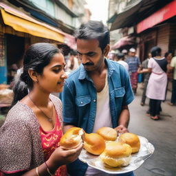 A young lady and a man savouring the flavours of vadapav, a famous Indian snack, on a lively city sidewalk