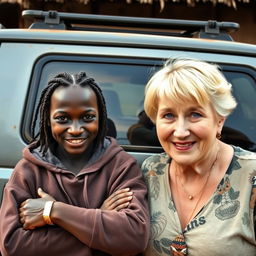 Next to an SUV in a poor African village, a young African woman appears malnourished at about 25 years old, standing at a low height with deeply dark black skin