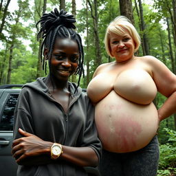 Next to an SUV in a dense forest, a young African woman appears malnourished, about 25 years old, with deeply black skin and standing at a low height