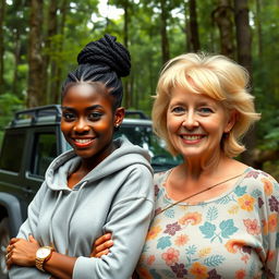 In a lush green forest, a striking scene unfolds beside a rugged SUV