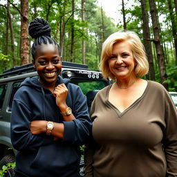 In a lush green forest, a striking scene unfolds beside a rugged SUV